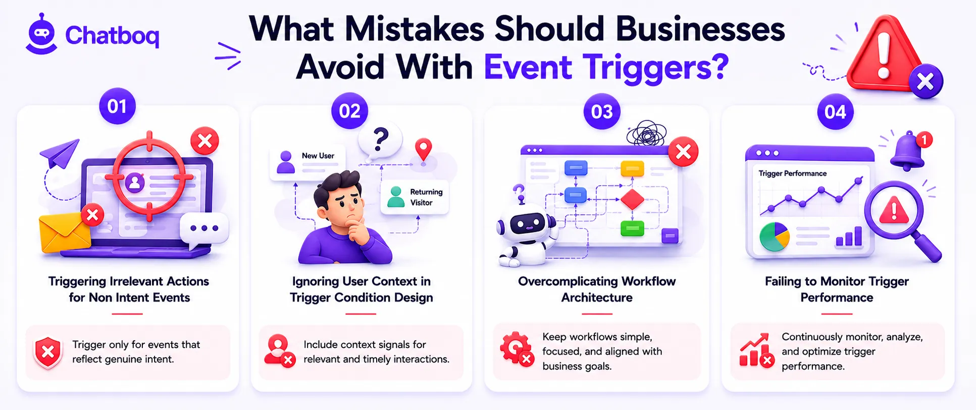 Illustration showing common automation errors including triggering irrelevant actions, ignoring user context, and failing to monitor performance metrics.