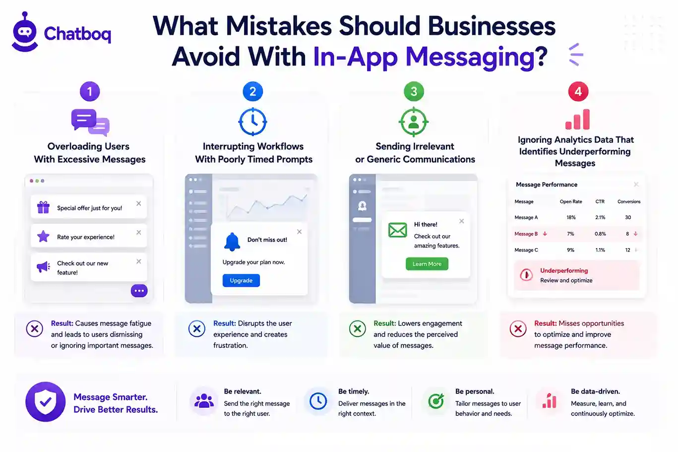 A visual guide to avoiding in-app messaging mistakes like overloading users, interrupting workflows, and ignoring performance analytics.