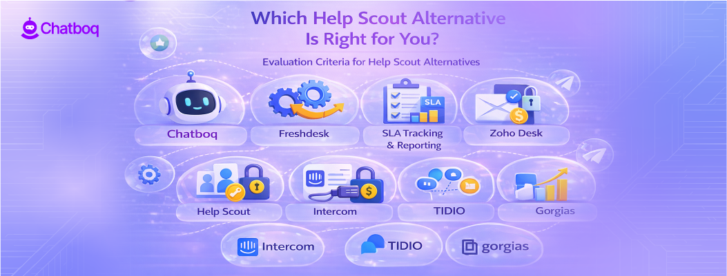 Decision guide infographic helping businesses choose the best Help Scout alternative based on support workflows, integrations, team size, and automation needs.