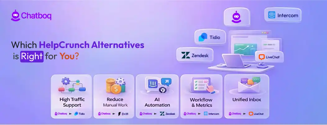 Illustration helping businesses compare HelpCrunch alternatives and choose the best live chat or customer support platform.