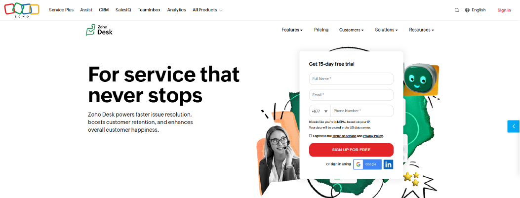 Zoho Desk CRM-integrated help desk with structured ticket workflows and automation