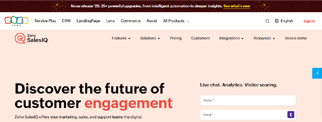 Zoho SalesIQ visitor tracking dashboard with lead scoring chatbot automation