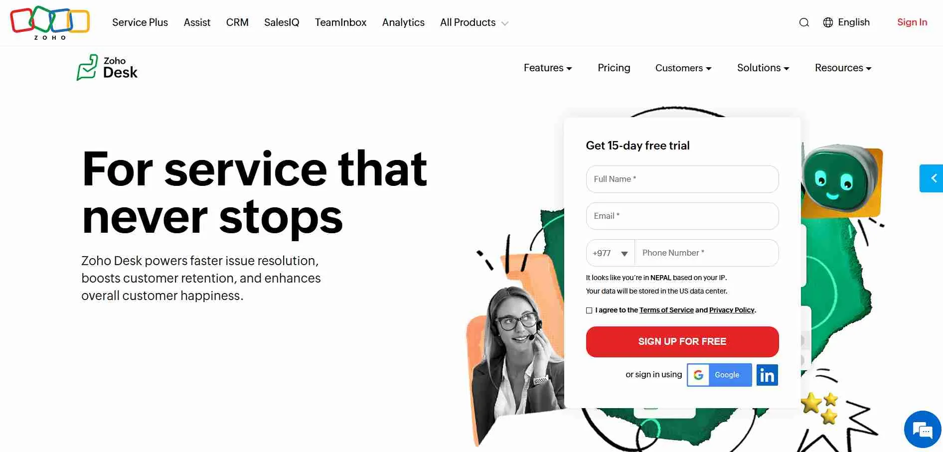 Illustration showing Zoho Desk customer support platform with ticketing, automation, and multichannel help desk tools.