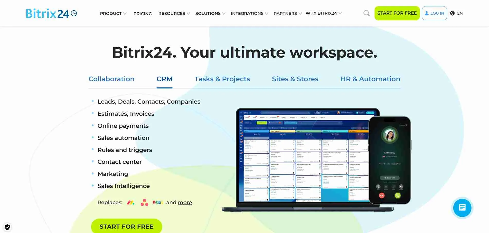 Illustration showing Bitrix24 platform for CRM, project management, and team collaboration, helping businesses manage sales and communication.