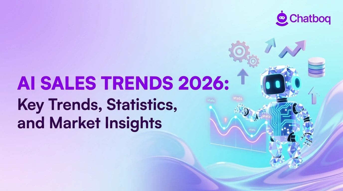 A friendly, glowing crystal robot from Chatboq playfully interacting with rising data charts and gears, illustrating the bright future of AI Sales Trends .