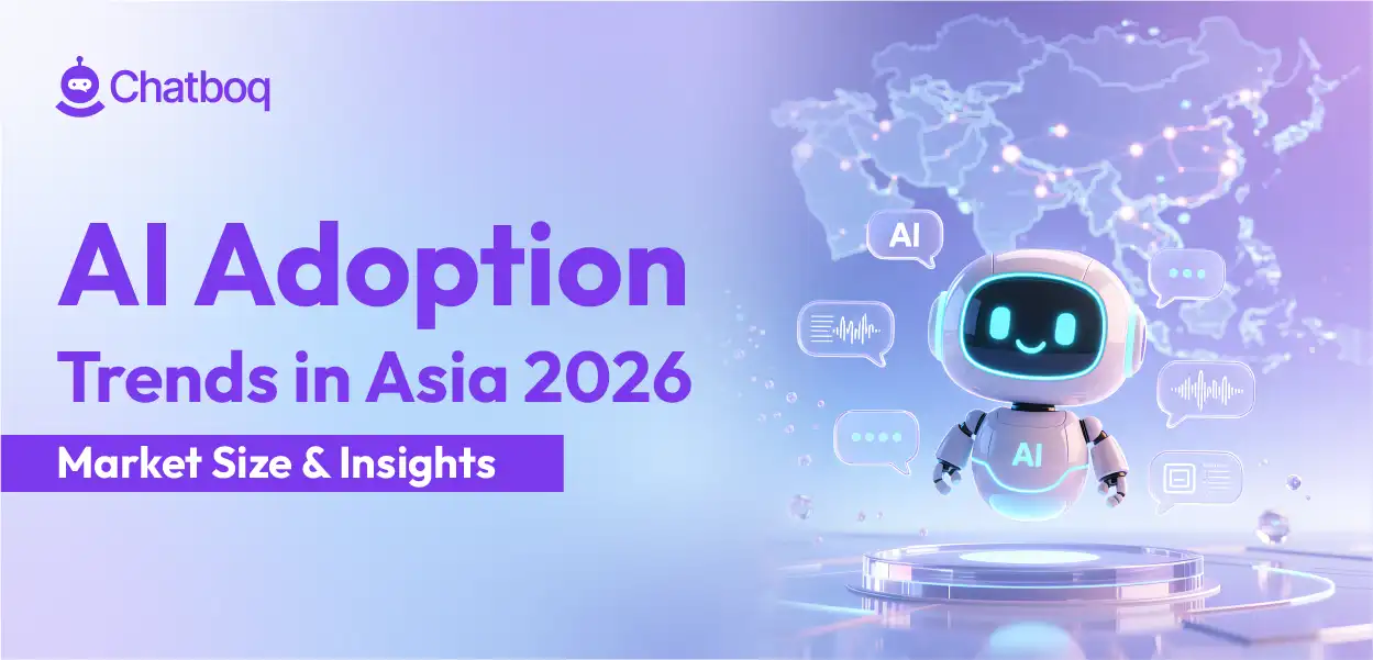 AI Adoption Trends in Asia 2026 infographic showing market size, adoption statistics, and growth insights over a map of Asia.