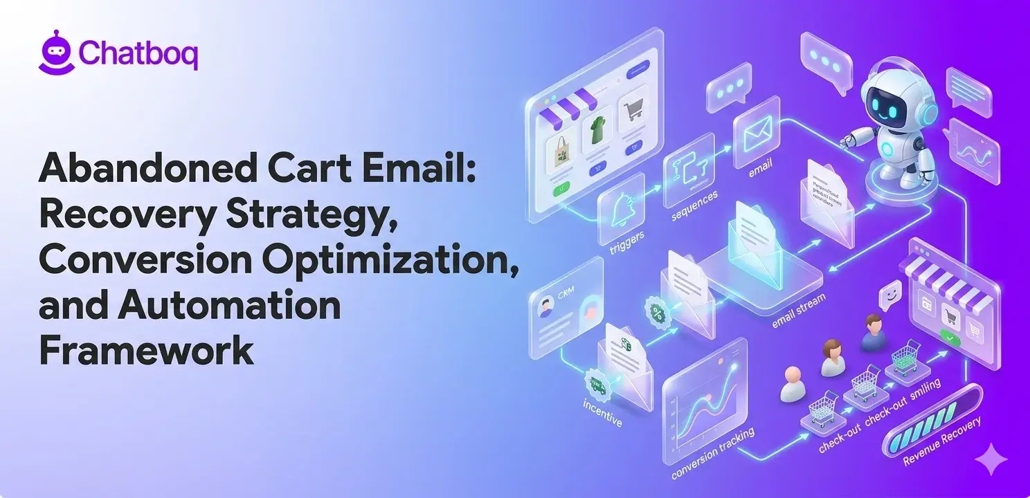 Illustration showing an abandoned cart email automation workflow with recovery emails, shopping carts, conversion tracking, and AI messaging.