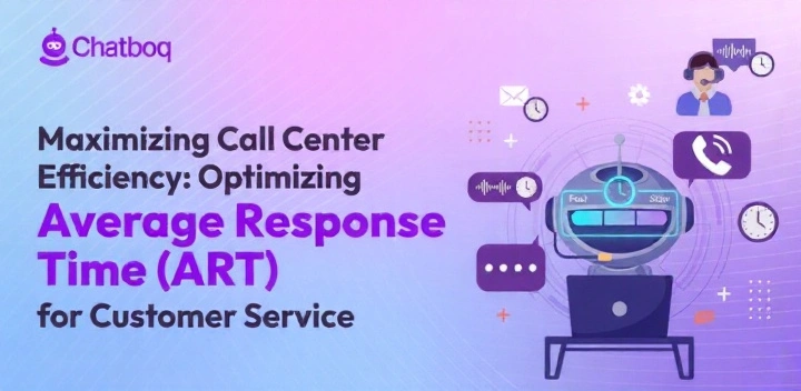 Chatboq infographic about optimizing Average Response Time (ART) in customer service, featuring a robot assistant and support icons on a purple gradient background.