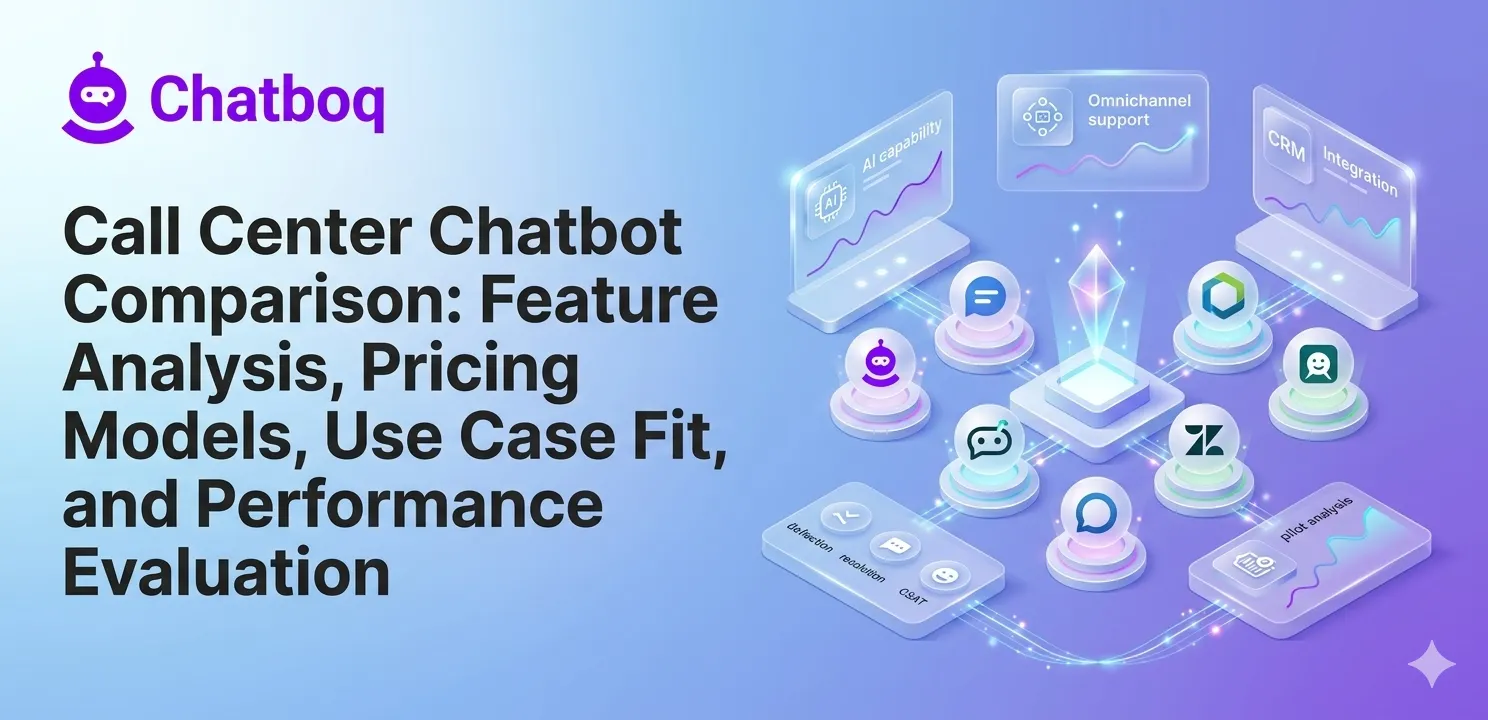 Illustration showing call center chatbot comparison dashboard showing AI features, CRM integration, and omnichannel support.
