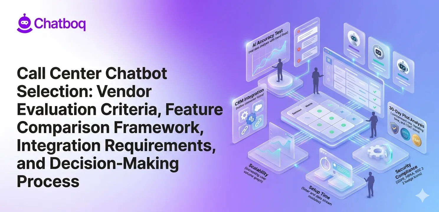 Graphic illustrating chatbot evaluation steps like CRM integration, security, and scalability.