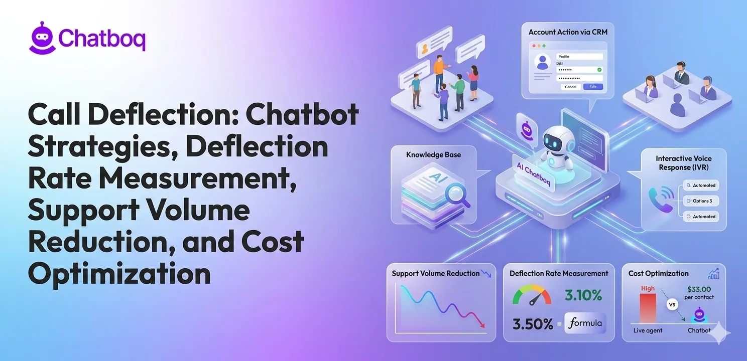 Illustration showing Call deflection chatbot dashboard with IVR, CRM integration, support reduction, and cost optimization metrics