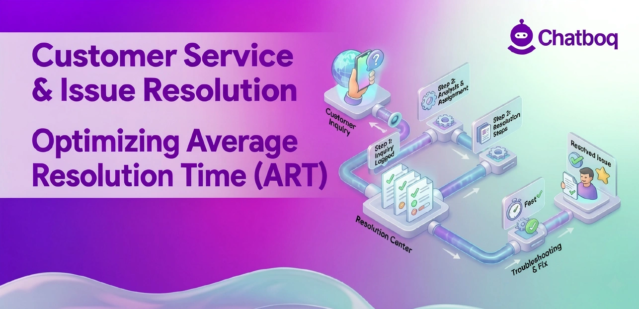 Customer Service and Issue Resolution infographic by Chatboq, illustrating a step-by-step workflow to optimize Average Resolution Time (ART) from customer inquiry to troubleshooting and fix.
