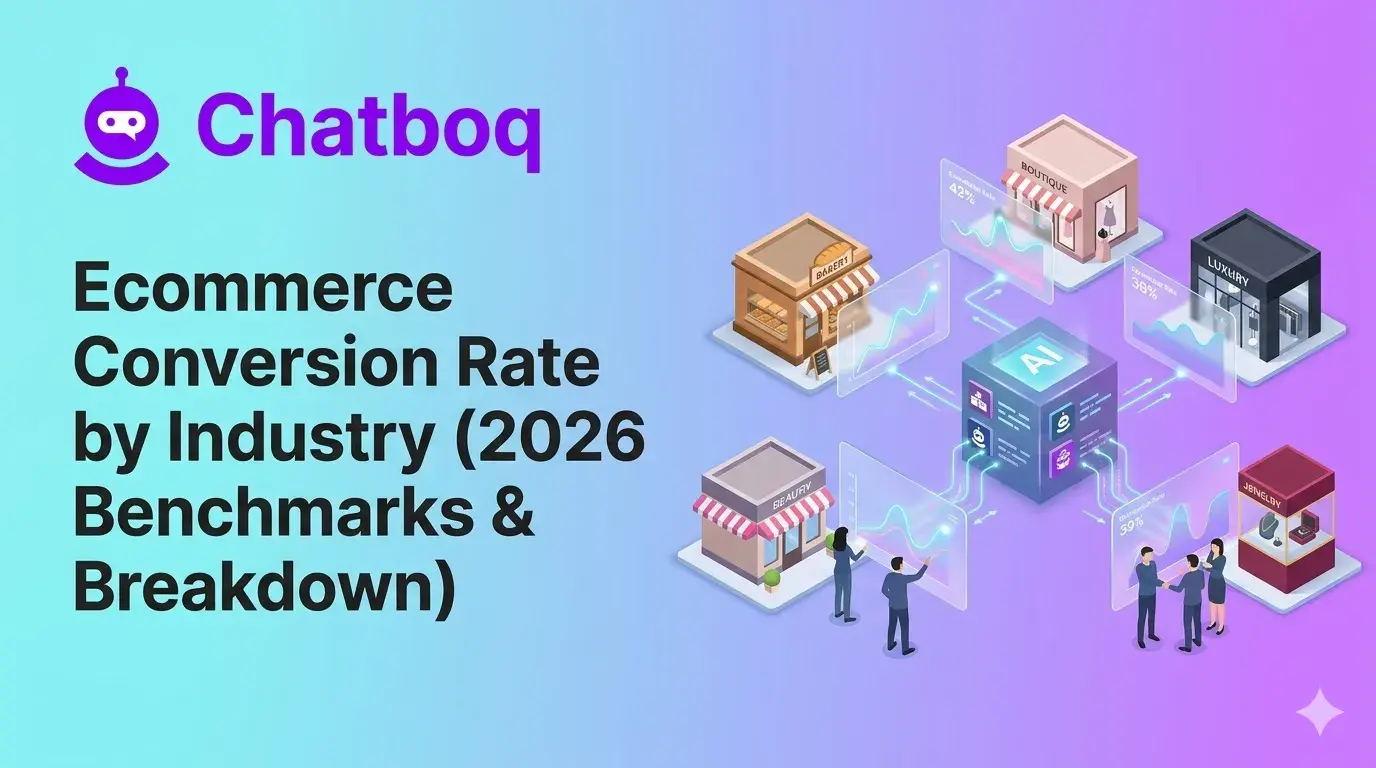 Illustration showing ecommerce conversion rate benchmarks across retail industries with storefronts, analytics charts, and AI insights.