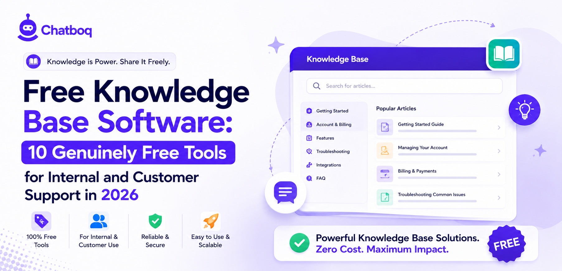 Chatboq free knowledge base software interface showing internal wiki, customer help center, search, open-source tools, documentation, and support workflow icons
