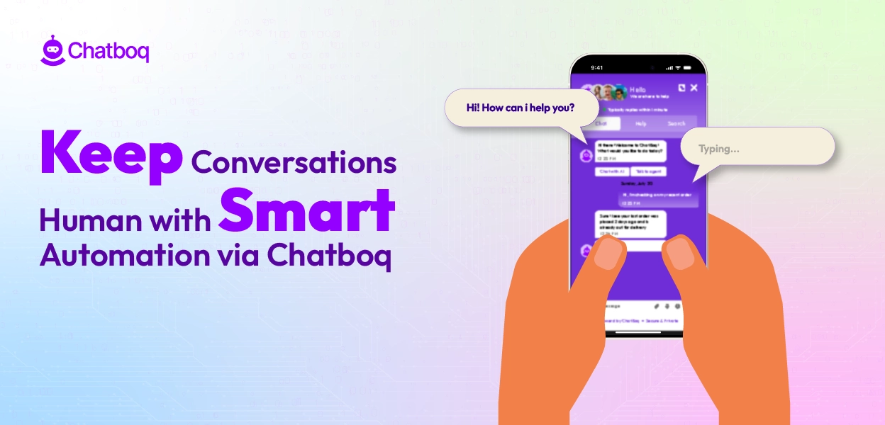 Illustration of AI and human agents working together to deliver personalized customer messages and real-time support through Chatboq.