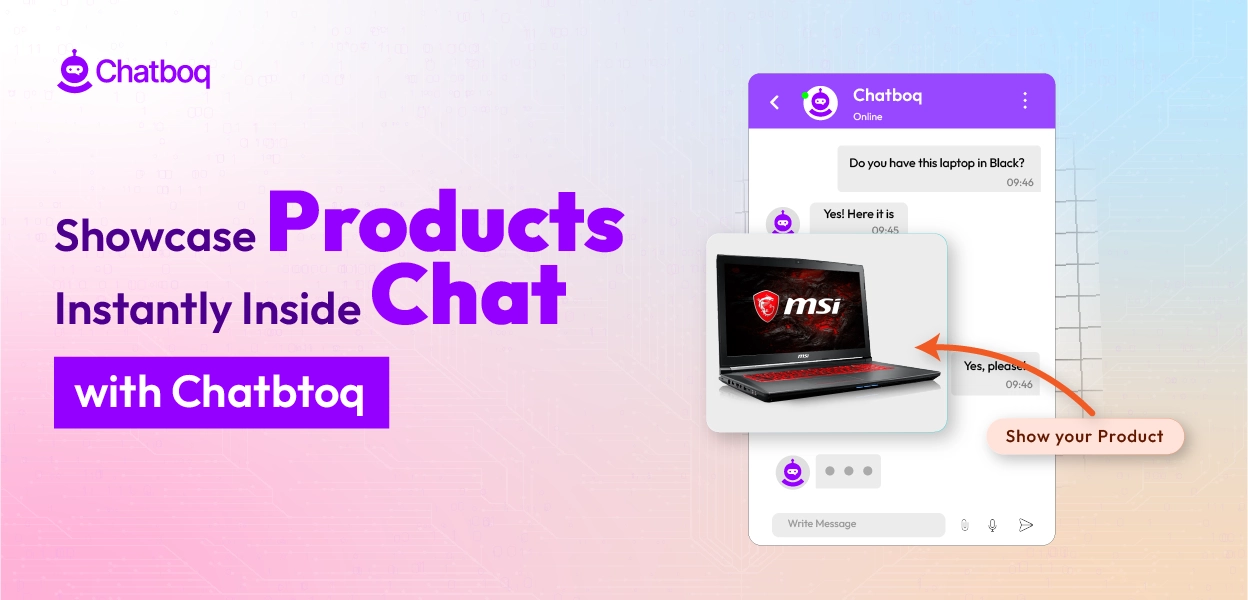 AI-powered chat platform showcasing eCommerce products directly in conversations using Chatboq for real-time engagement and sales.
