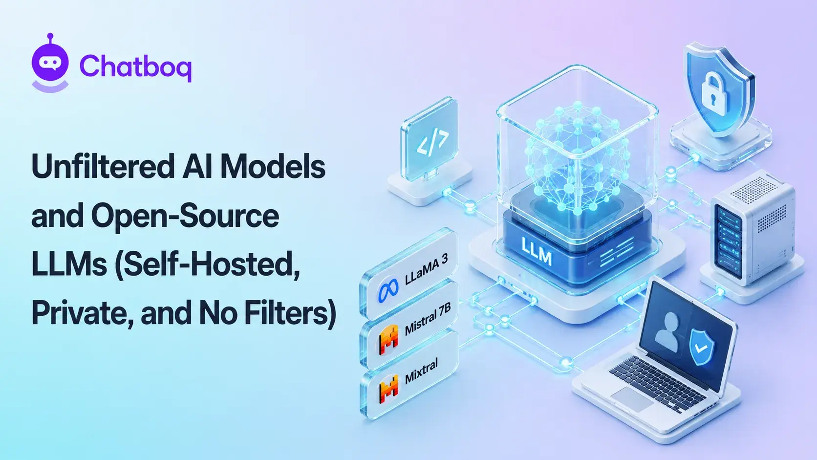 Illustration showing open-source LLM infrastructure with self-hosted AI models, private servers, security shields, and connected devices.