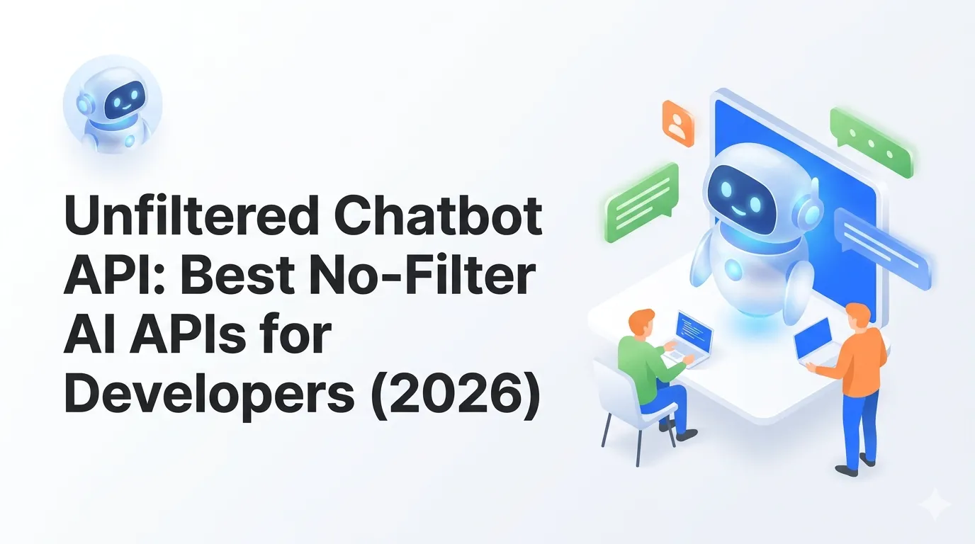Illustration showing friendly 3D robot appearing on a screen as developers work on laptops with an unfiltered chatbot API.