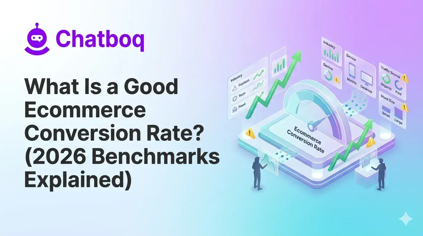 Illustration showing an ecommerce conversion rate dashboard with performance graphs, benchmark indicators, and traffic source metrics.