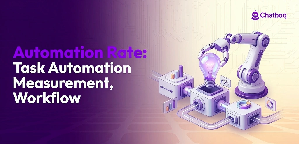 Chatboq infographic about Automation Rate, featuring a robotic arm interacting with a glowing lightbulb and data charts to represent task measurement and workflow efficiency.