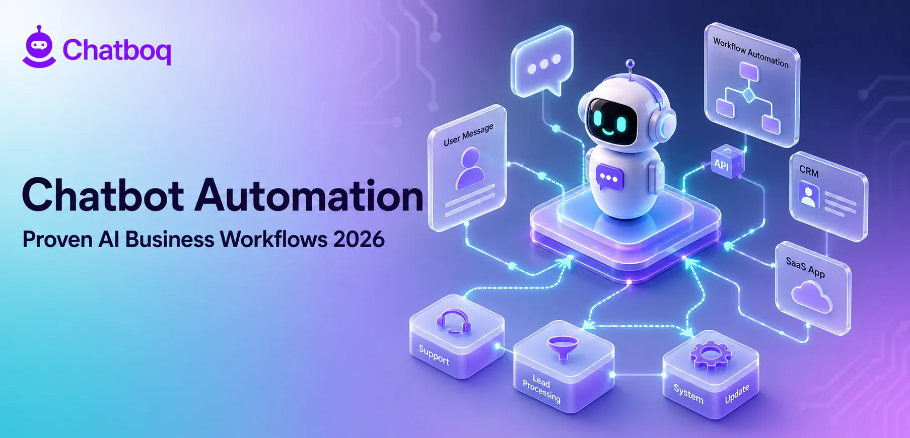 Illustration showing a chatbot interface connecting a user to automated CRM and task execution systems.
