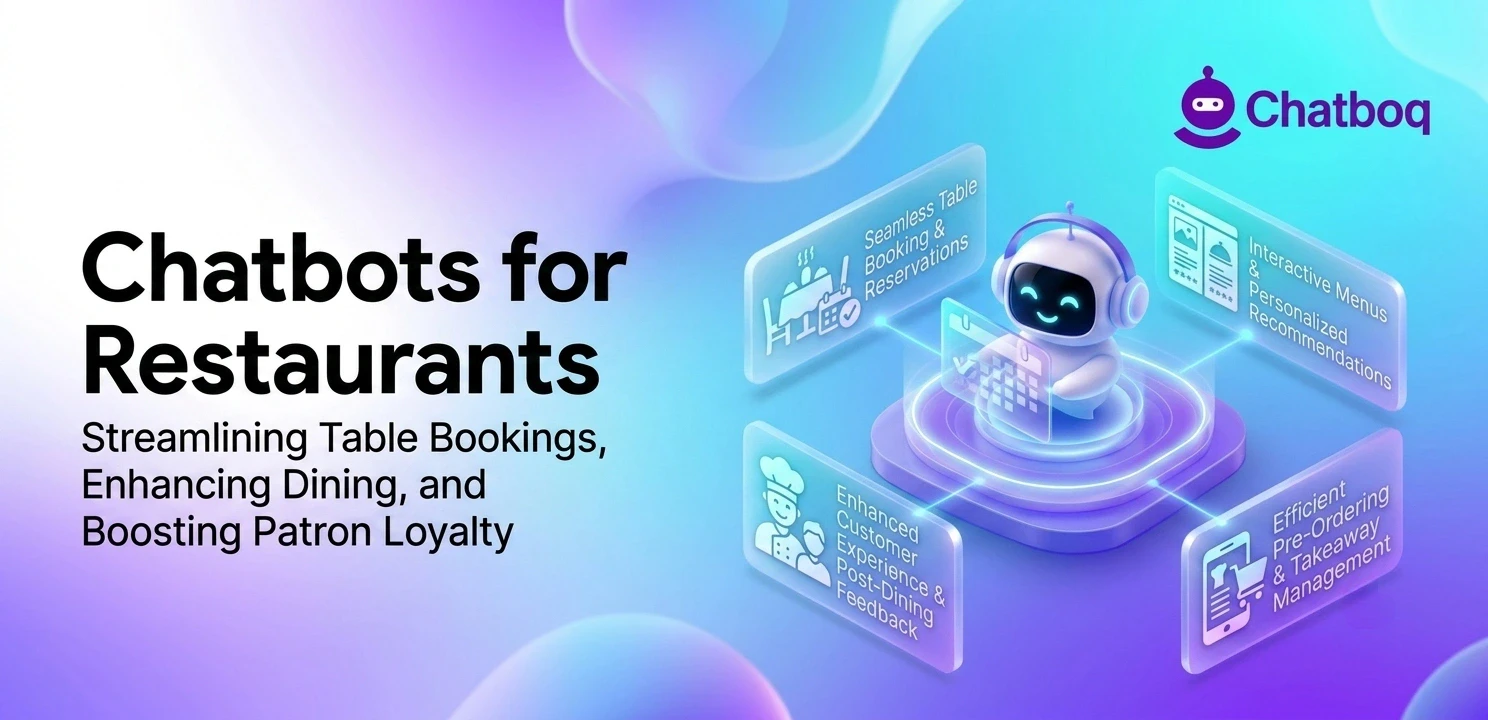 Chatboq restaurant chatbot interface showing features for table booking, interactive menus, and loyalty management.