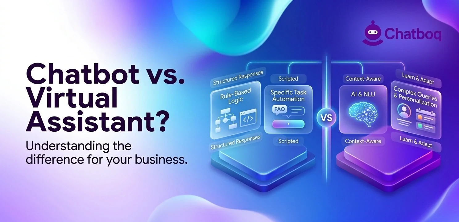 Chatboq blog graphic comparing Chatbots and Virtual Assistants on a blue and purple gradient background.
