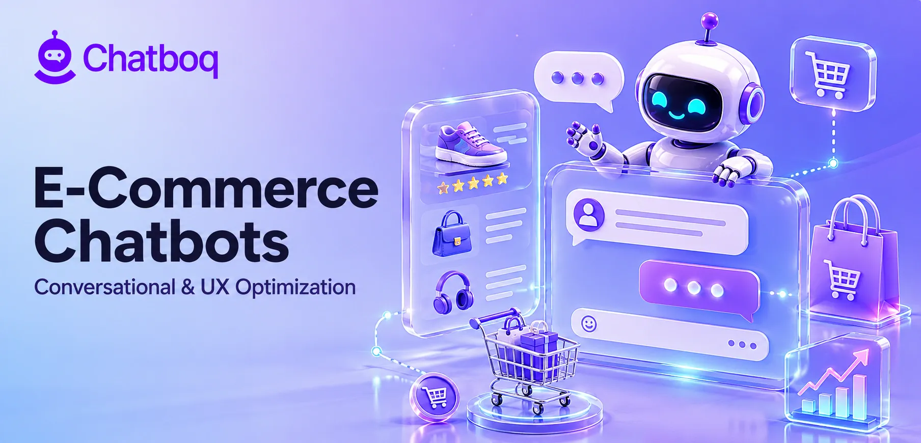 Chatboq promotional banner for "E-Commerce Chatbots: Conversational & UX Optimization" featuring a friendly 3D robot, retail shopping elements, and digital chat interfaces.