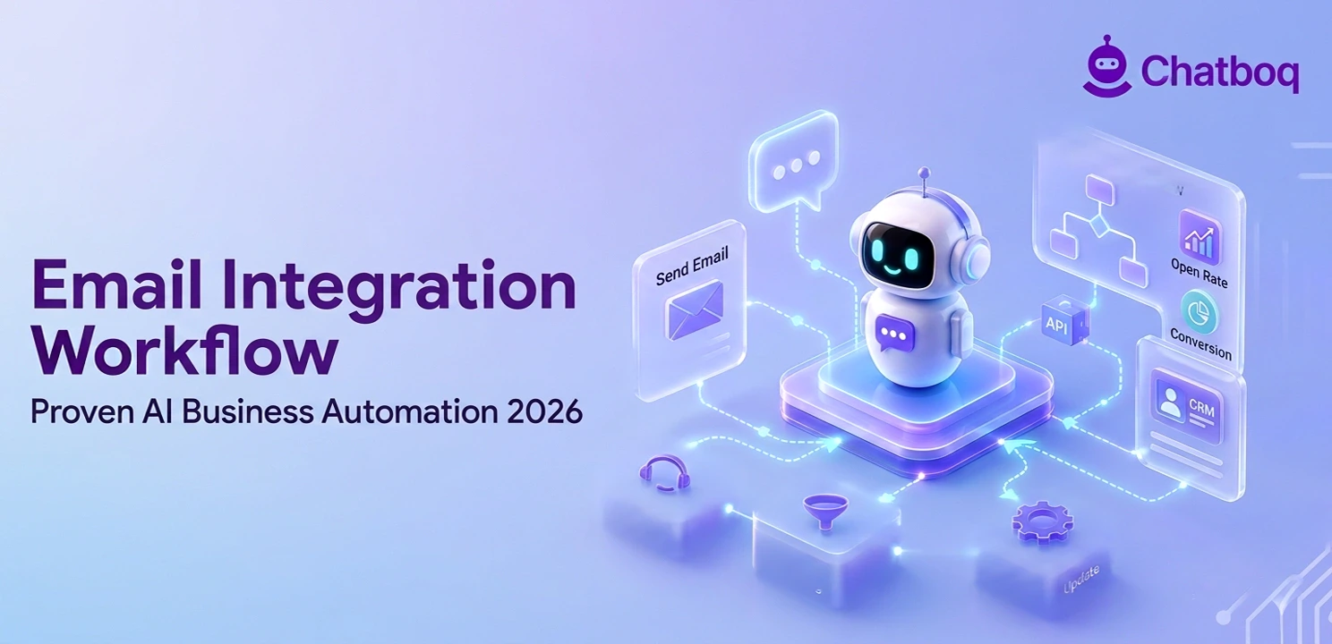 Chatboq's AI Email Integration Workflow graphic showing an automation robot connected to digital dashboards for CRM, analytics, and messaging.