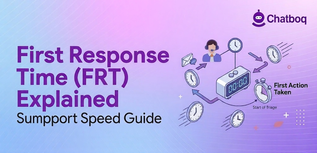 Illustration showing first response time analytics with support dashboards, live chat metrics, and customer communication performance tracking.