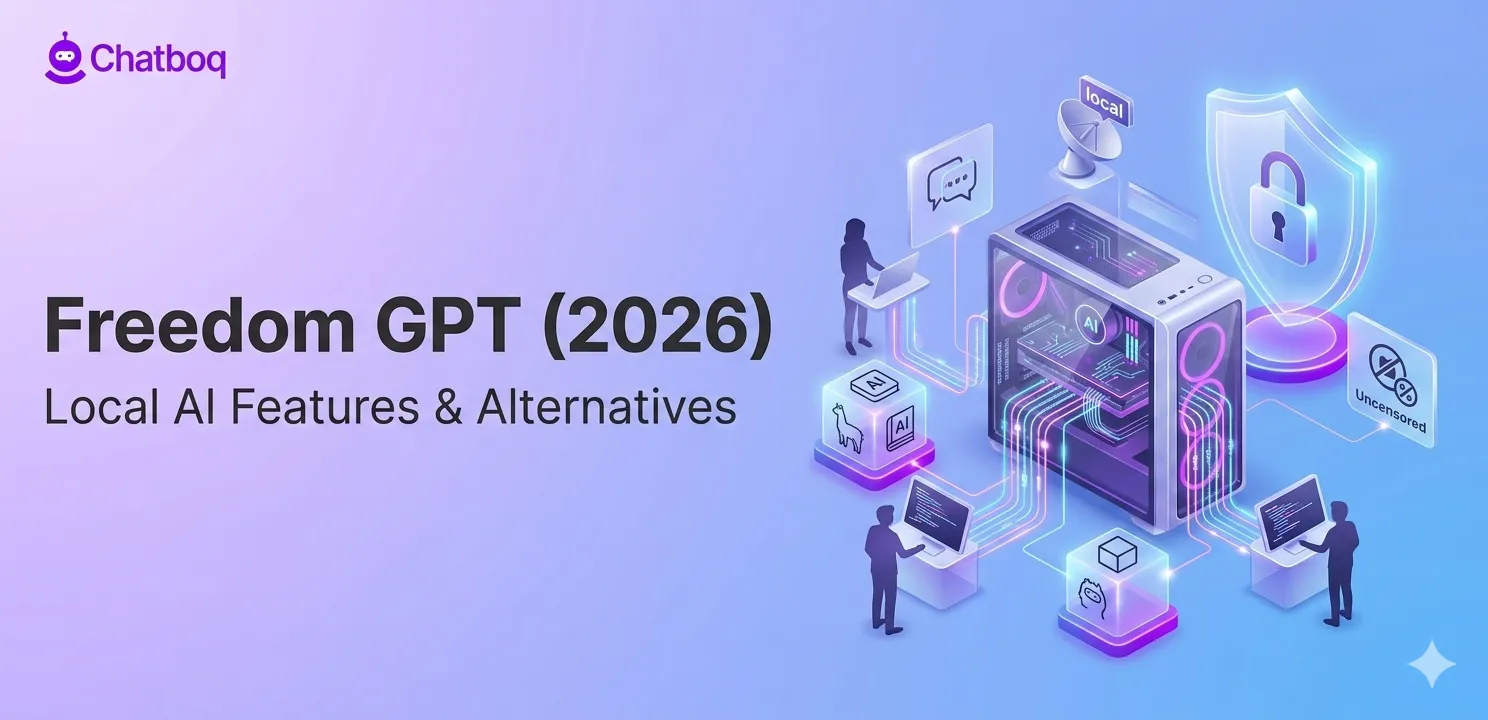 Illustration showing the Freedom GPT desktop app interface loading a local open-source AI model on a laptop.