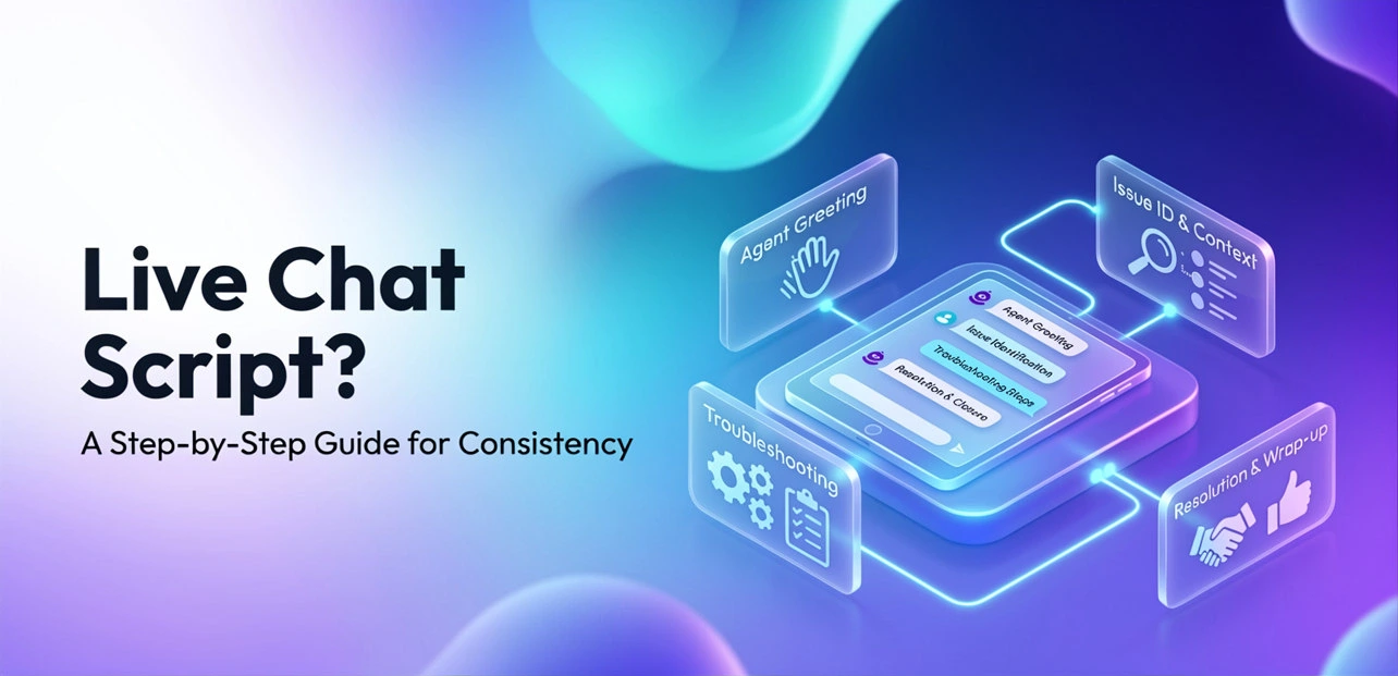 Isometric infographic illustrating the process of using a live chat script, from greeting to resolution.