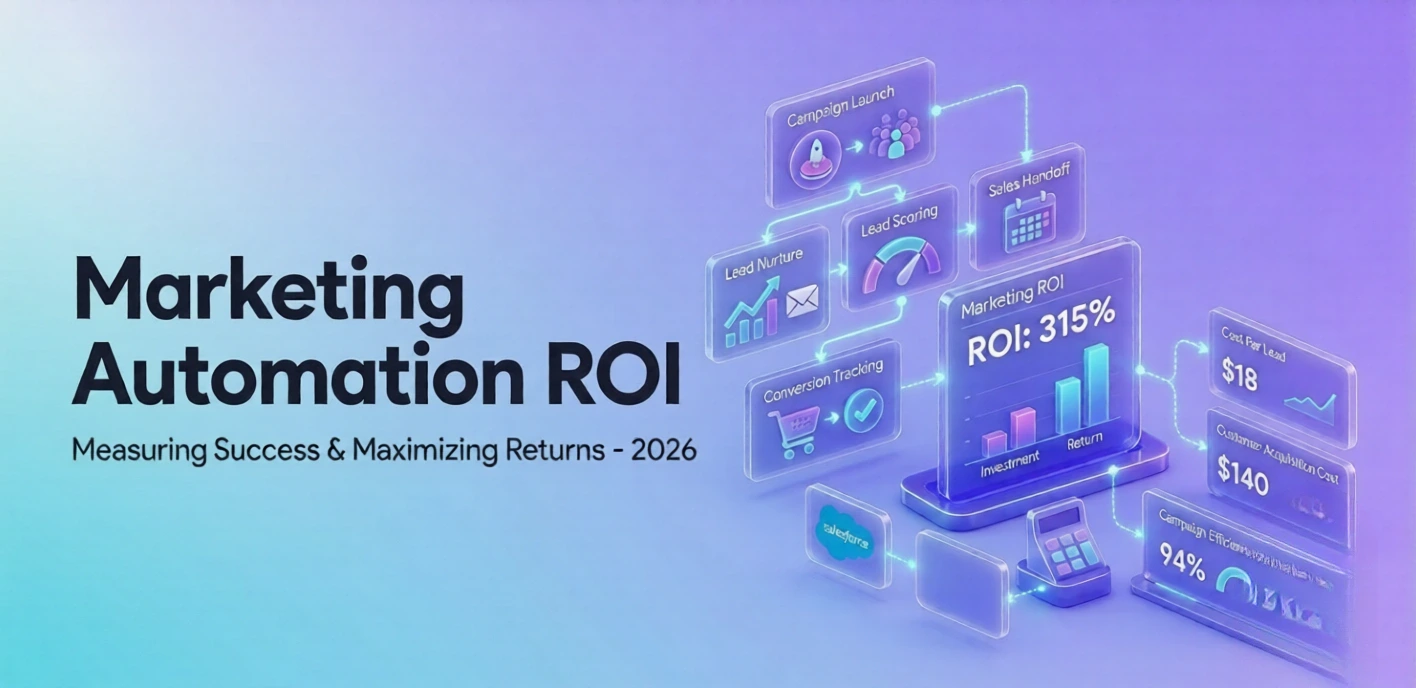 An isometric infographic titled Marketing Automation ROI Measuring Success & Maximizing Returns - 2026," featuring a 315% ROI, campaign metrics, integrations like Salesforce, HubSpot under the Chatboq