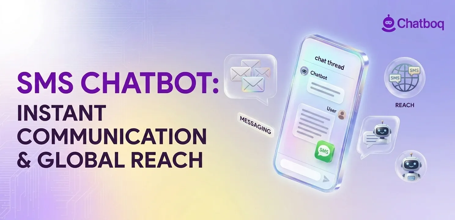 A 3D glass smartphone illustration representing an SMS chatbot, featuring messaging bubbles, automated chat interface, and global reach icons against a gradient purple background with the Chatboq logo