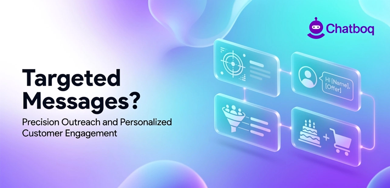 Chatboq marketing graphic titled "Targeted Messages?" emphasizing precision outreach and personalized customer engagement through icons representing targeting, user profiles, funnels, and event-based.