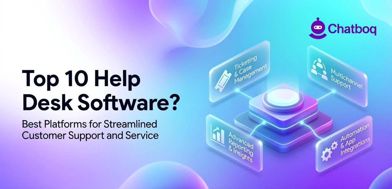 A graphic titled "Top 10 Help Desk Software" featuring the Chatboq logo and four translucent icons representing customer support features against a sleek, purple-and-blue gradient background.