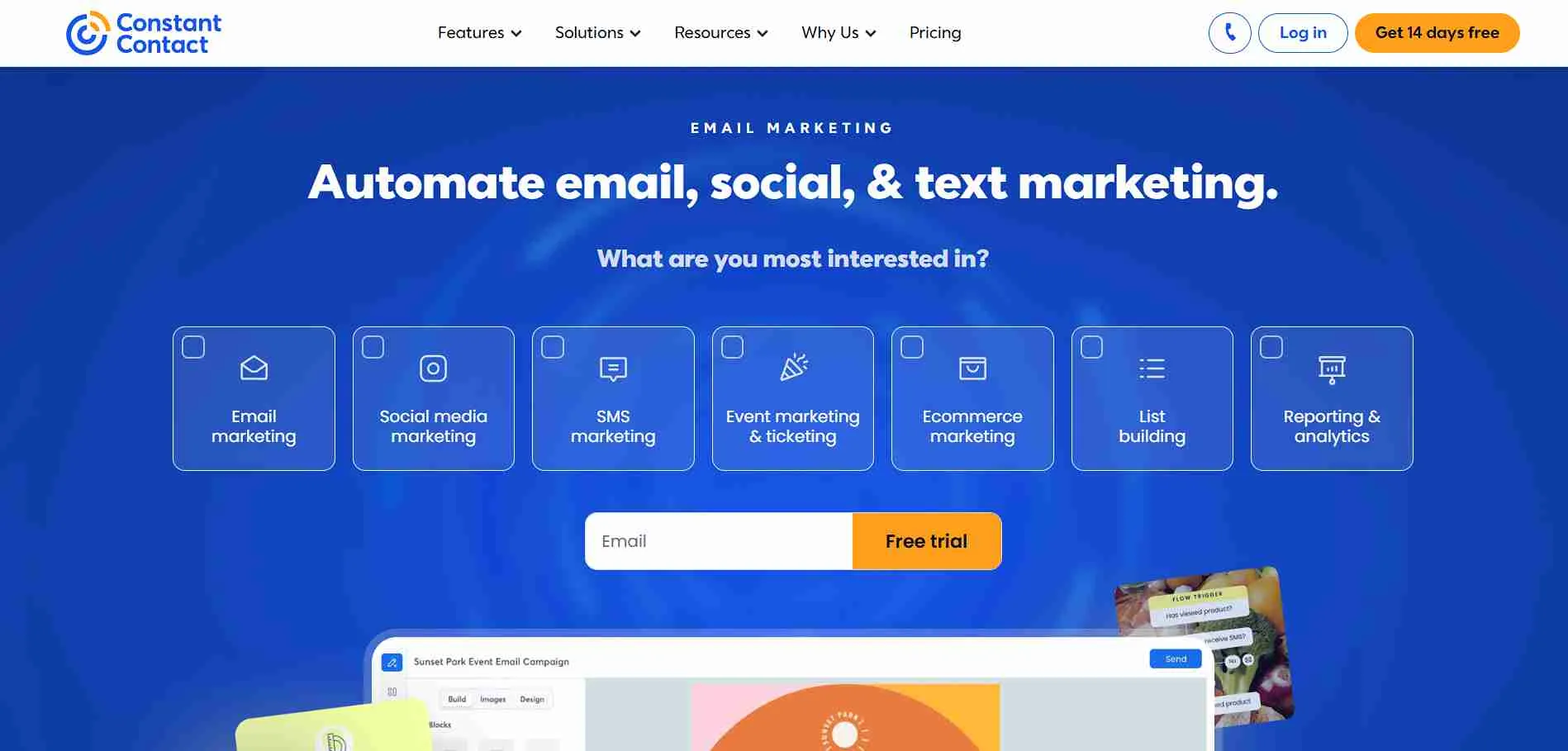 Illustration showing Constant Contact email marketing platform helping businesses create campaigns, automate emails, and engage customers.