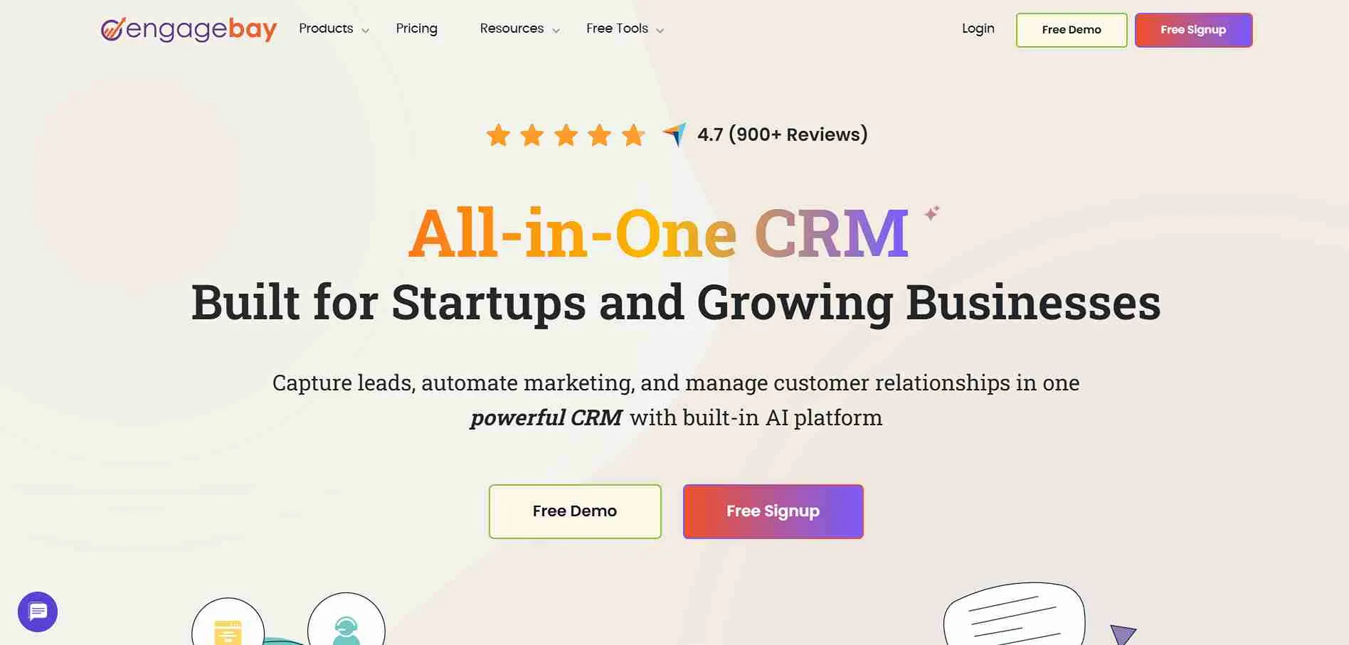 Illustration showing EngageBay all-in-one marketing, sales, and CRM platform helping businesses automate campaigns and manage customer relationships.