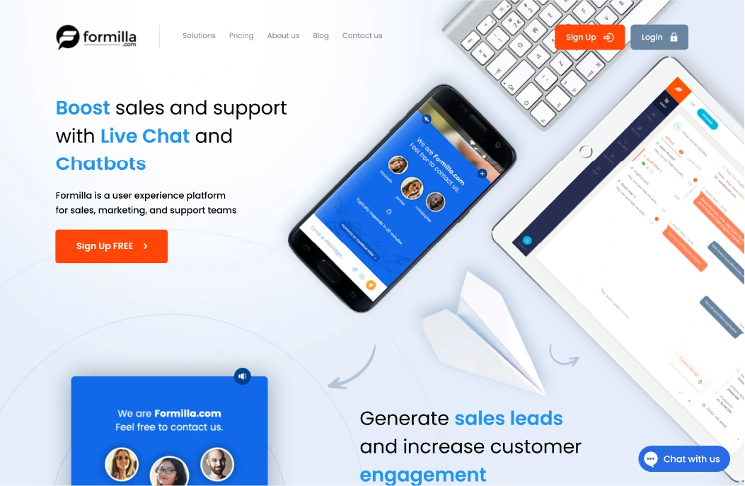 Formilla live chat widget for WordPress featuring smart AI chatbots and proactive messaging.