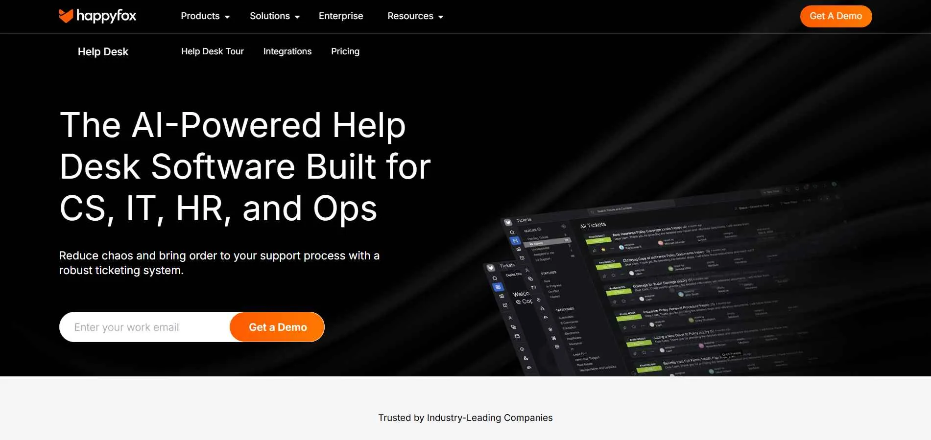 Illustration showing HappyFox Help Desk platform managing structured ticketing workflows with automation and SLA tracking.