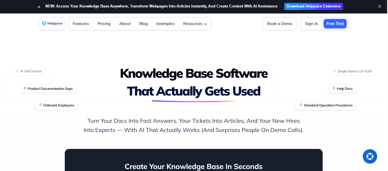 Helpjuice knowledge base software dashboard showing AI-powered search, documentation management, and self-service support system