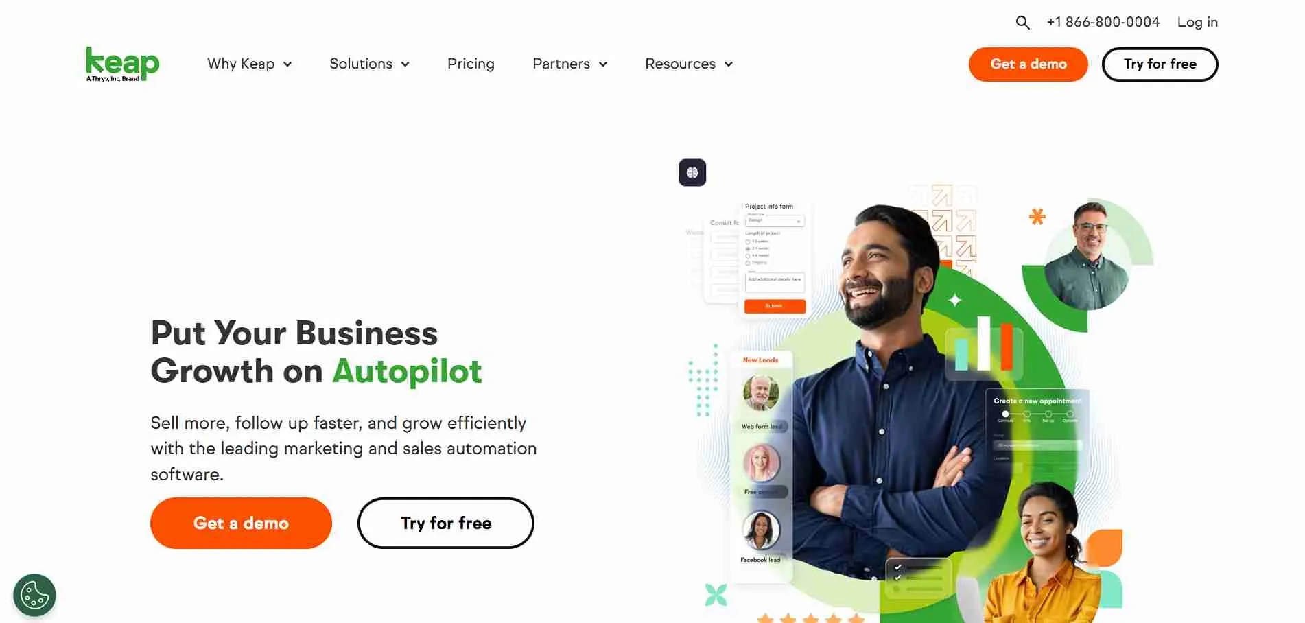 Illustration showing Keap CRM and marketing automation platform helping small businesses manage contacts, sales, and email campaigns.
