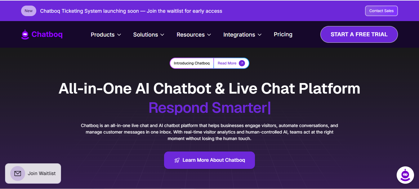 Chatboq AI chatbot platform dashboard showing live chat, automation workflows, and support analytics