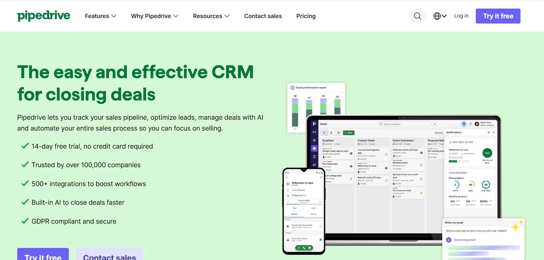 Illustration showing Pipedrive CRM platform helping sales teams manage deals, pipelines, and customer relationships efficiently.
